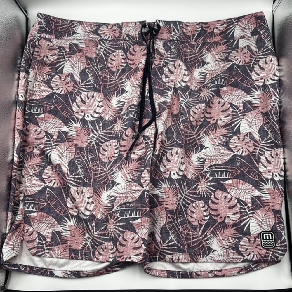 TravisMathew Men's Pink & Grey Tropical Monstera Leaf Print Board Shorts Size 42